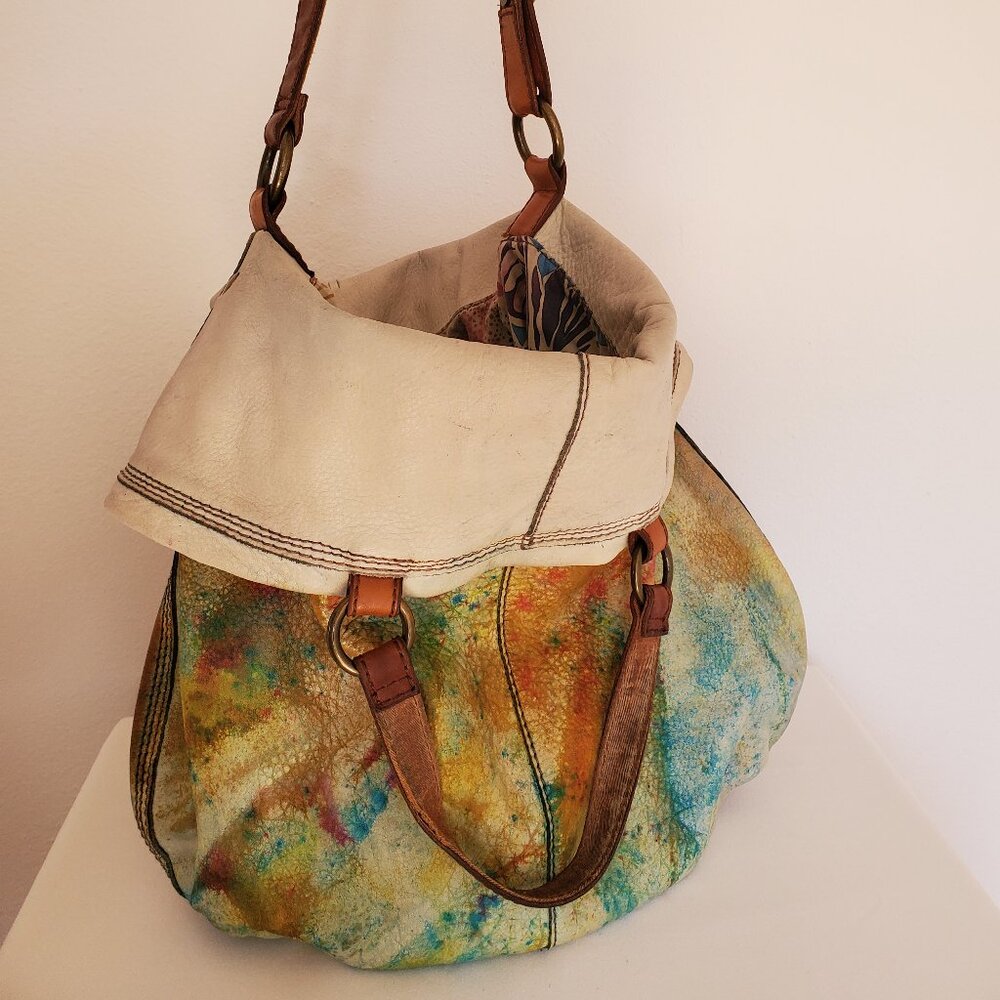 Lucky leather rainbow cowgirl hippie XL tote dyed orange blue green yellow red - Picture 2 of 15